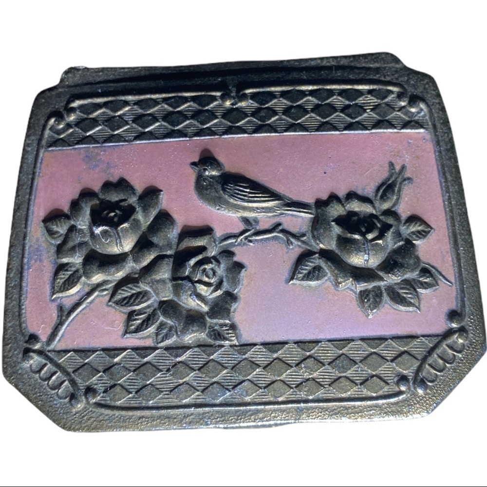 Vintage Trinket Box Embossed Birds Pink Enamel Metal Footed Japan Roses